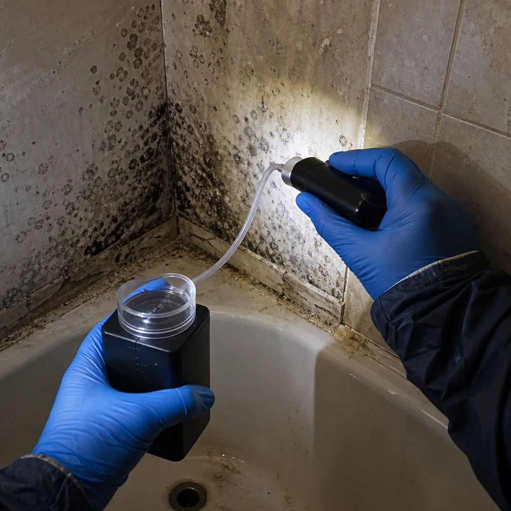 Professional technician performing black mold remediation and inspection in a bathroom.