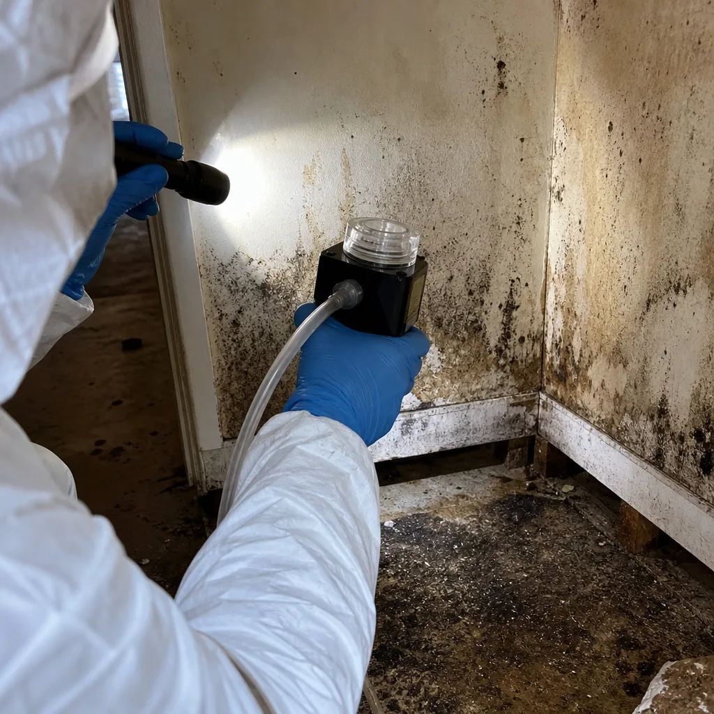 Professional mold inspector performing air quality testing on damaged wall