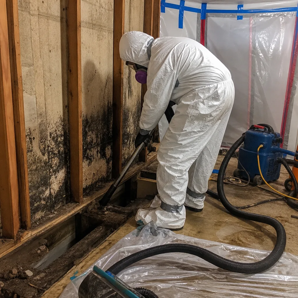Professional in hazmat suit performing mold remediation and cleanup.