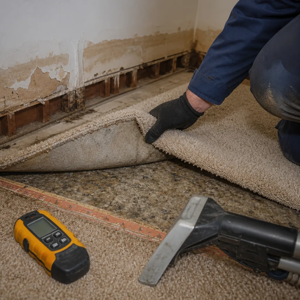 Water damage restoration professional inspecting a wet carpet floor