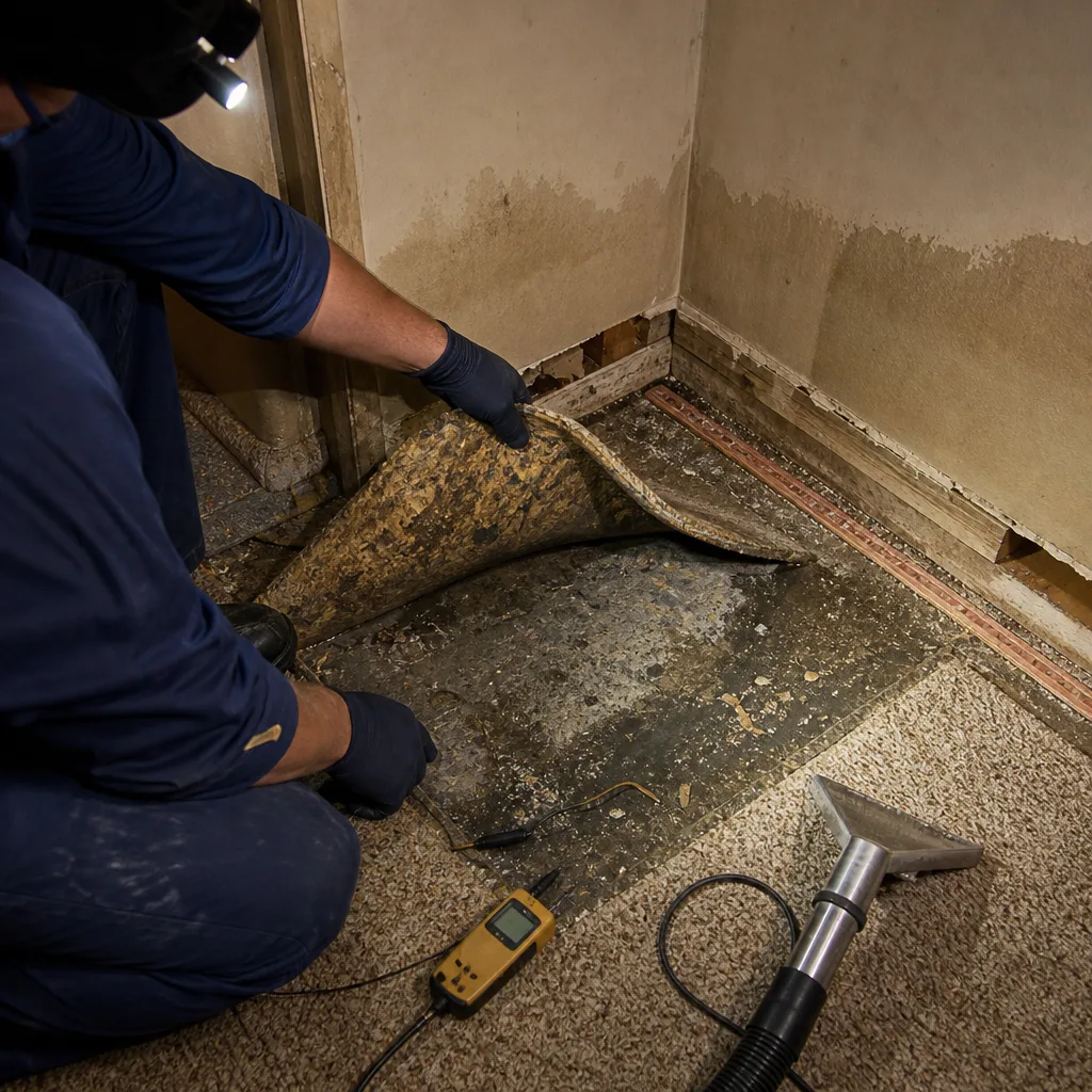 Water damage restoration professional inspecting wet flooring with moisture meter
