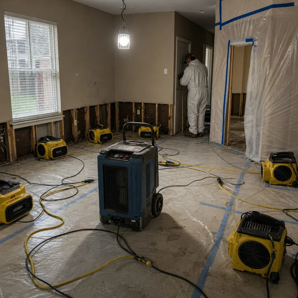 Water damage restoration professional using industrial drying equipment in a residential room